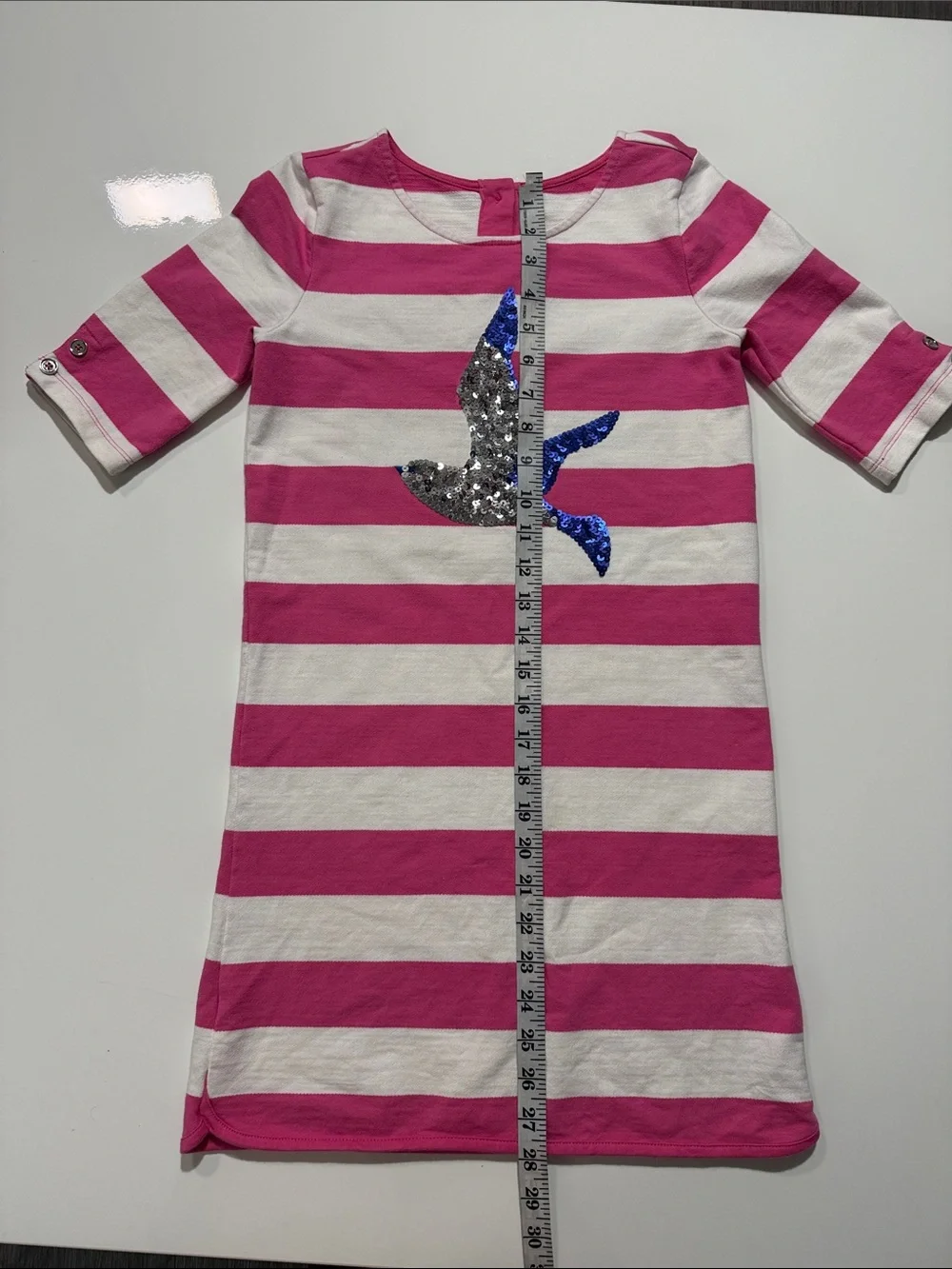 Gymboree Girls Dress Pink White Striped Sequin Bird Soft Knit A Line Sz 12